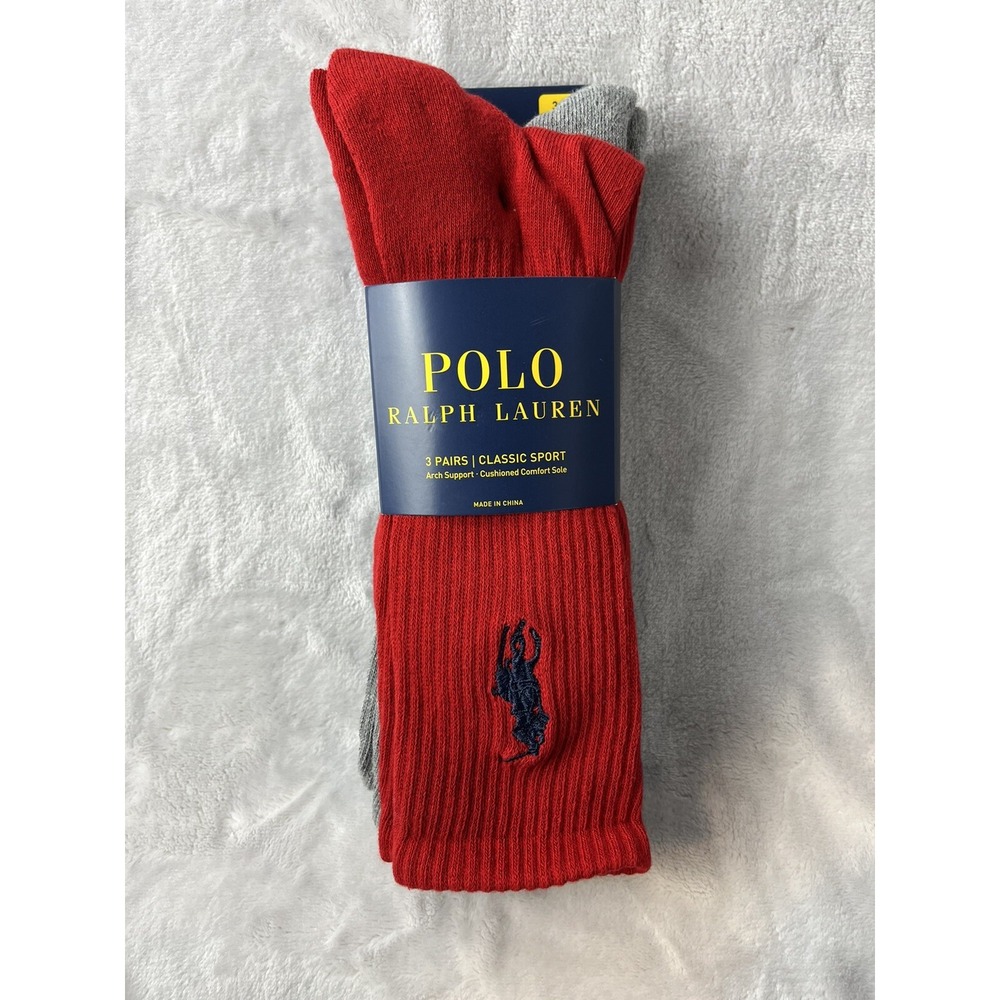 Polo Ralph Lauren Socks Men 10-13 Red Gray Blue 3 Pack Classic Sport NWT